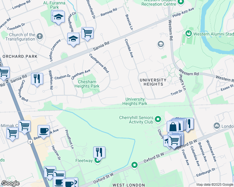 map of restaurants, bars, coffee shops, grocery stores, and more near 251 Walmer Grove in London
