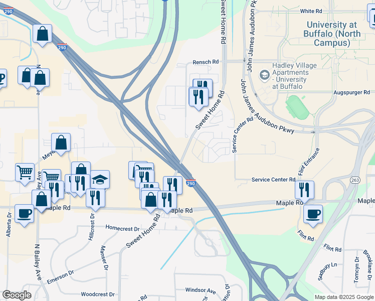 map of restaurants, bars, coffee shops, grocery stores, and more near 1261 Sweet Home Road in Buffalo