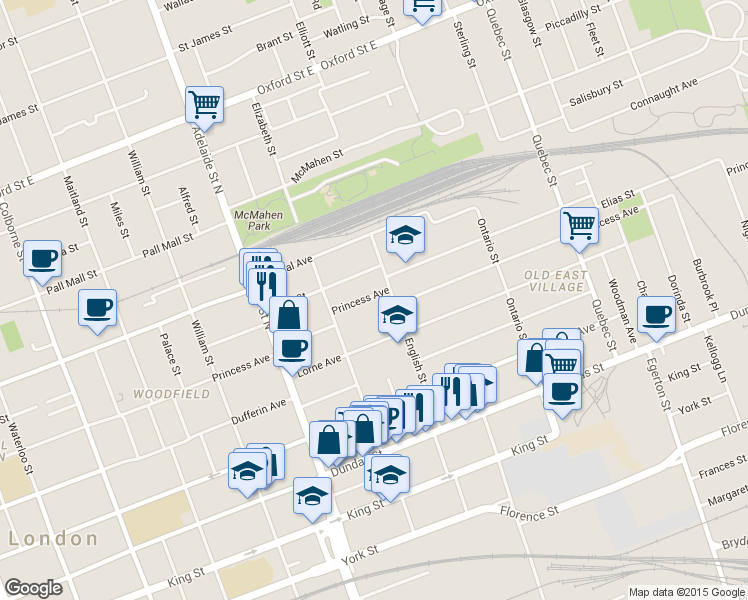map of restaurants, bars, coffee shops, grocery stores, and more near 729 Princess Avenue in London