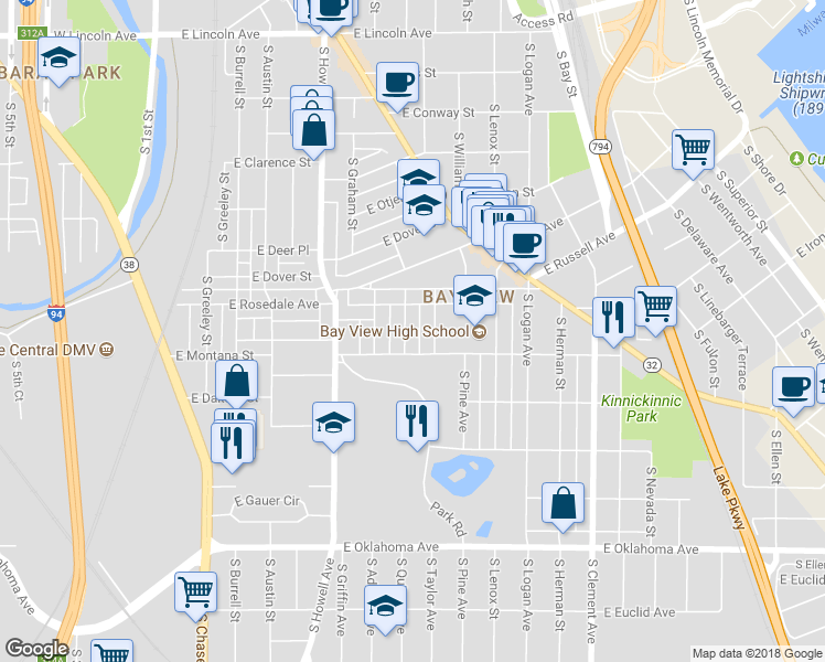 map of restaurants, bars, coffee shops, grocery stores, and more near 2752 South Quincy Avenue in Milwaukee