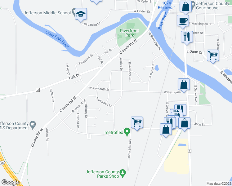 map of restaurants, bars, coffee shops, grocery stores, and more near 516 West Plymouth Street in Jefferson