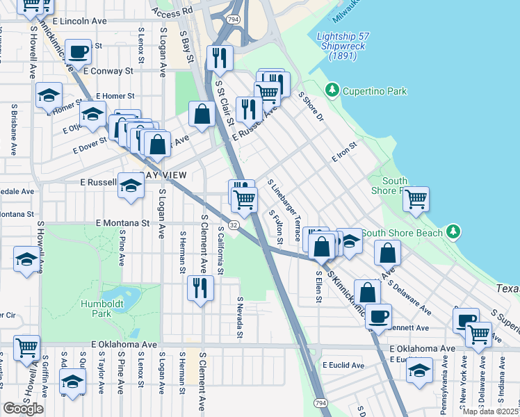 map of restaurants, bars, coffee shops, grocery stores, and more near 2657 South Fulton Street in Milwaukee