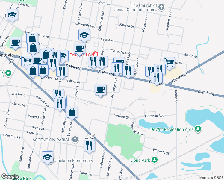 map of restaurants, bars, coffee shops, grocery stores, and more near 26 Harvester Avenue in Batavia