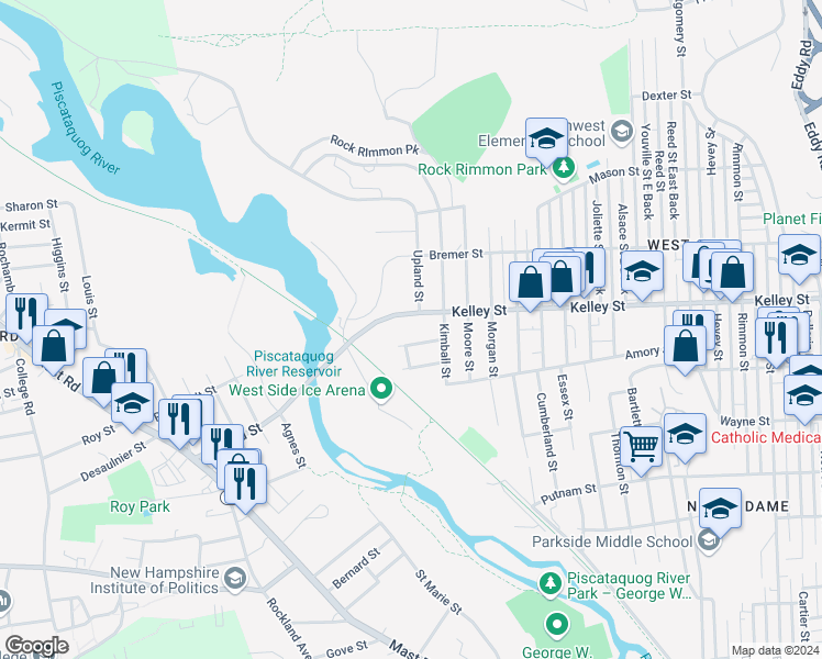 map of restaurants, bars, coffee shops, grocery stores, and more near 610 Kelley Street in Manchester