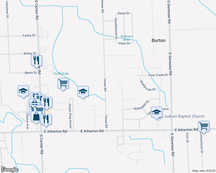 map of restaurants, bars, coffee shops, grocery stores, and more near 2353 Howe Road in Burton