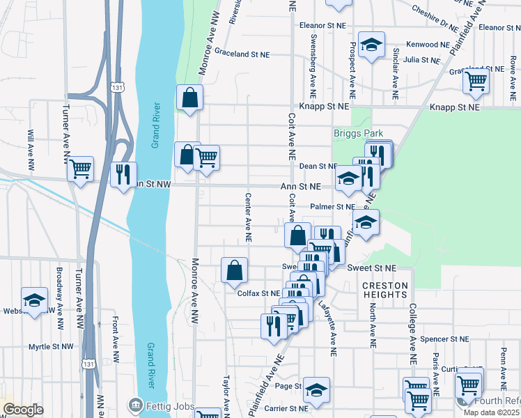 map of restaurants, bars, coffee shops, grocery stores, and more near 114 Palmer Street Northeast in Grand Rapids