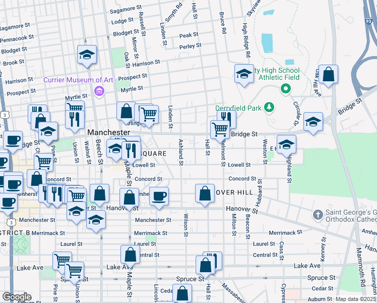 map of restaurants, bars, coffee shops, grocery stores, and more near 351 East High Street in Manchester