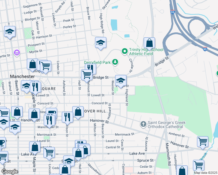 map of restaurants, bars, coffee shops, grocery stores, and more near 467 East High Street in Manchester