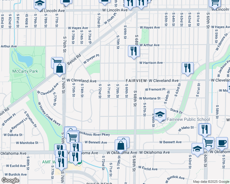 map of restaurants, bars, coffee shops, grocery stores, and more near 2751 South 70th Street in Milwaukee