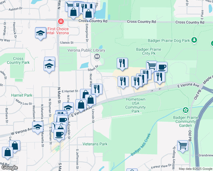 map of restaurants, bars, coffee shops, grocery stores, and more near 135 Enterprise Drive in Verona