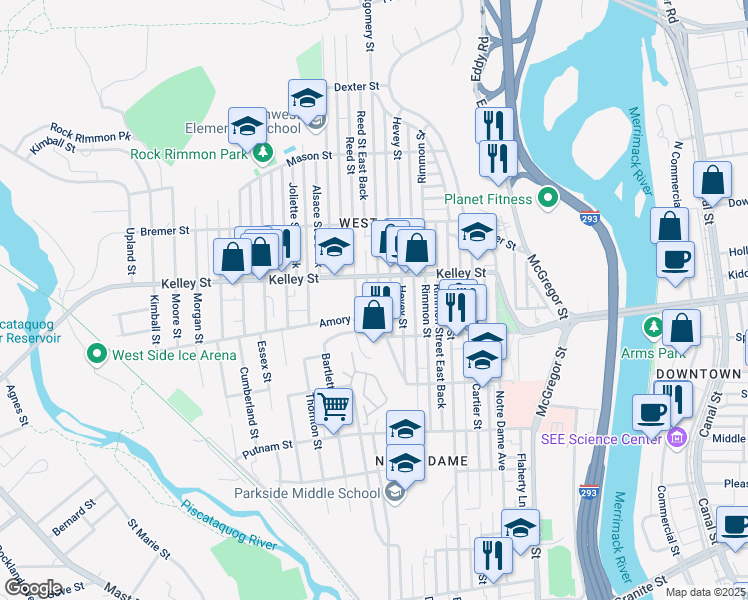 map of restaurants, bars, coffee shops, grocery stores, and more near 546 Montgomery Street in Manchester
