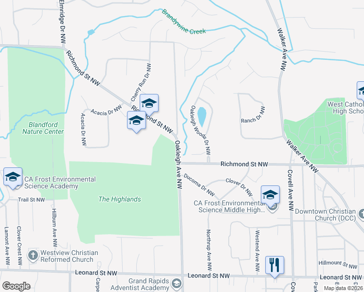 map of restaurants, bars, coffee shops, grocery stores, and more near 1701 Oakleigh Woods Drive Northwest in Grand Rapids