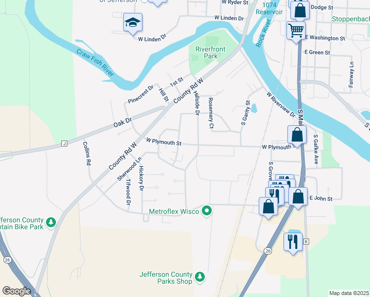 map of restaurants, bars, coffee shops, grocery stores, and more near 1018 Meadowood Lane in Jefferson