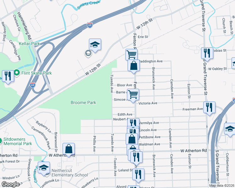 map of restaurants, bars, coffee shops, grocery stores, and more near 1121 Barrie Avenue in Flint