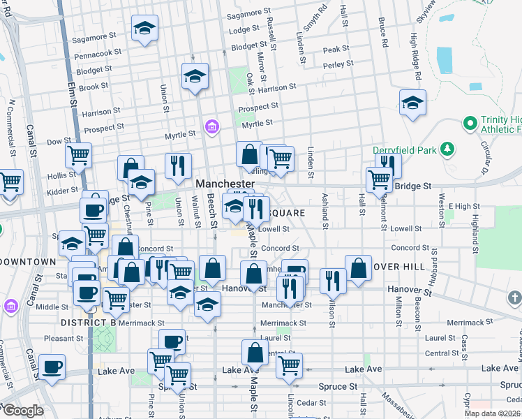 map of restaurants, bars, coffee shops, grocery stores, and more near 243 East High Street in Manchester
