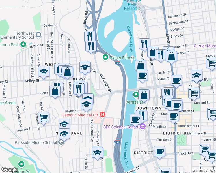 map of restaurants, bars, coffee shops, grocery stores, and more near 258 McGregor Street in Manchester