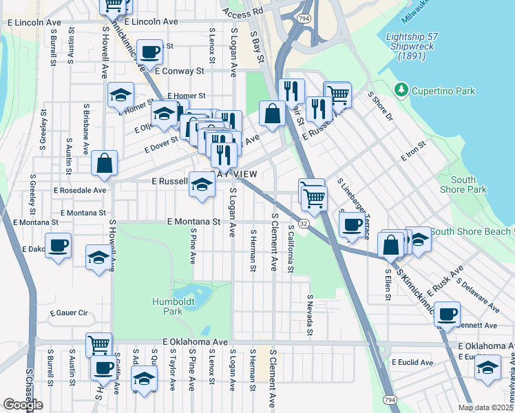 map of restaurants, bars, coffee shops, grocery stores, and more near 2740 South Herman Street in Milwaukee
