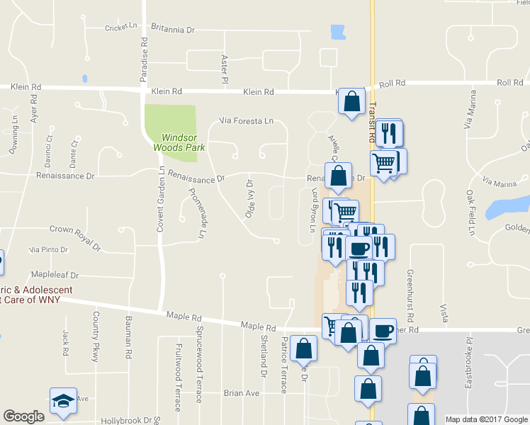 map of restaurants, bars, coffee shops, grocery stores, and more near 118 Haverford Lane in Buffalo
