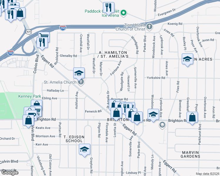 map of restaurants, bars, coffee shops, grocery stores, and more near 89 Saint Amelia Drive in Tonawanda