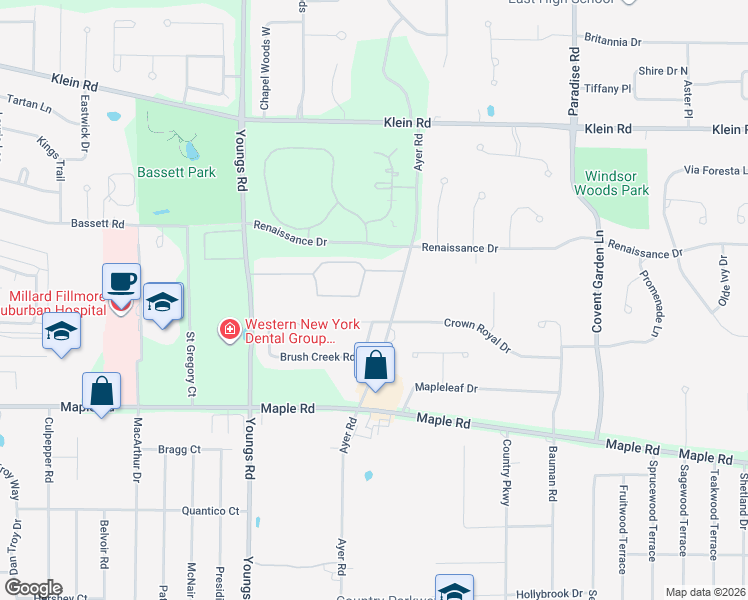 map of restaurants, bars, coffee shops, grocery stores, and more near 1165 Youngs Road in Buffalo