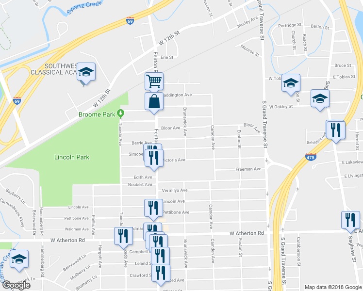 map of restaurants, bars, coffee shops, grocery stores, and more near 906 Simcoe Avenue in Flint