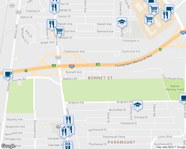 map of restaurants, bars, coffee shops, grocery stores, and more near 8 Queens Guard Walk in Tonawanda