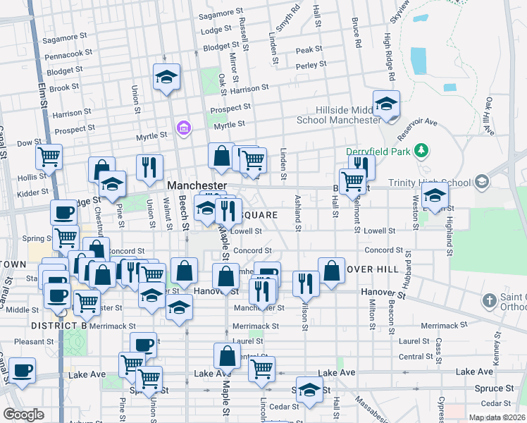 map of restaurants, bars, coffee shops, grocery stores, and more near 23 Jane Street in Manchester