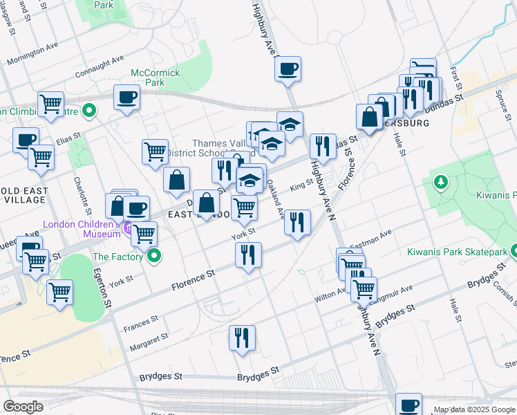 map of restaurants, bars, coffee shops, grocery stores, and more near 1237 King Street in London