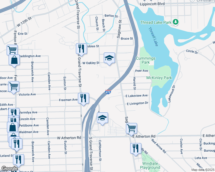 map of restaurants, bars, coffee shops, grocery stores, and more near 217 Belvidere Avenue in Flint