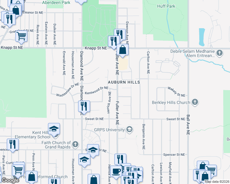 map of restaurants, bars, coffee shops, grocery stores, and more near 1210 Drexel Court Northeast in Grand Rapids