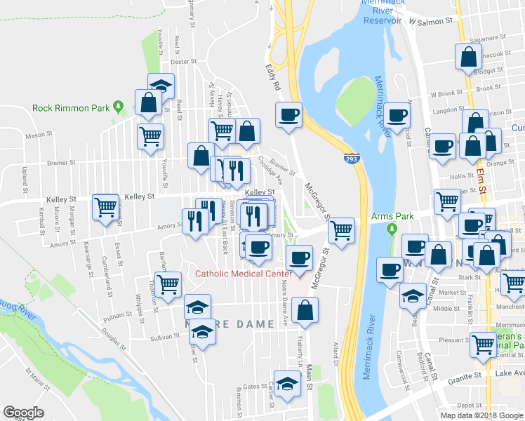 map of restaurants, bars, coffee shops, grocery stores, and more near 464 Cartier Street in Manchester