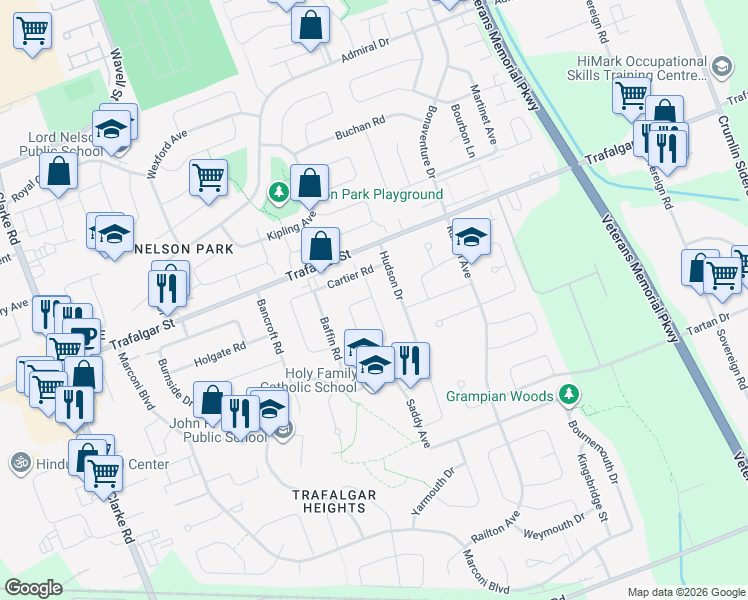 map of restaurants, bars, coffee shops, grocery stores, and more near 133 Champlain Crescent in London