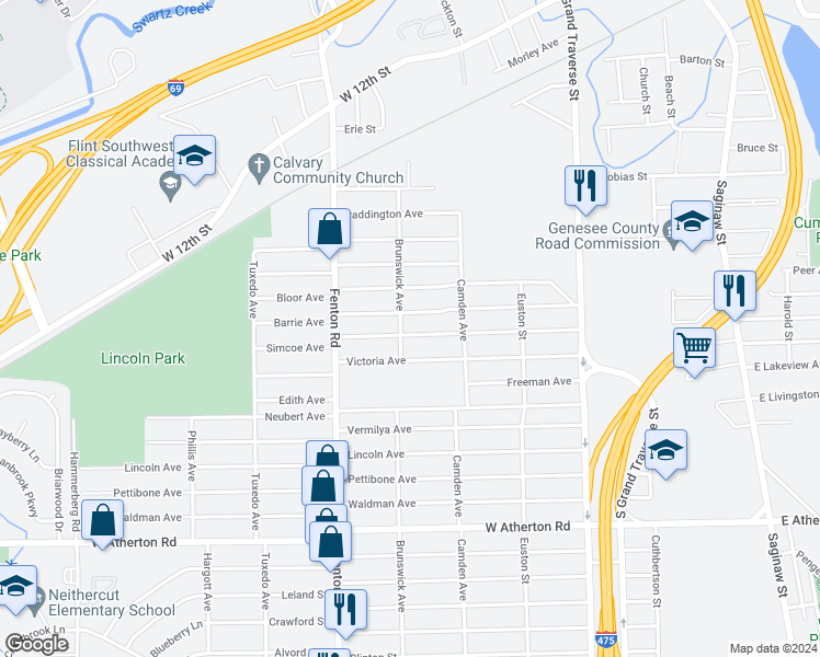 map of restaurants, bars, coffee shops, grocery stores, and more near 848 Simcoe Avenue in Flint