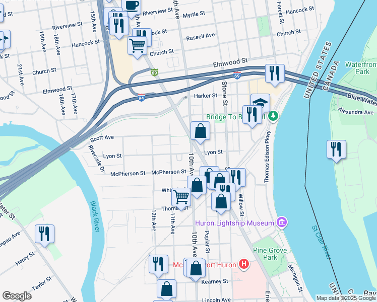 map of restaurants, bars, coffee shops, grocery stores, and more near 1915 10th Avenue in Port Huron