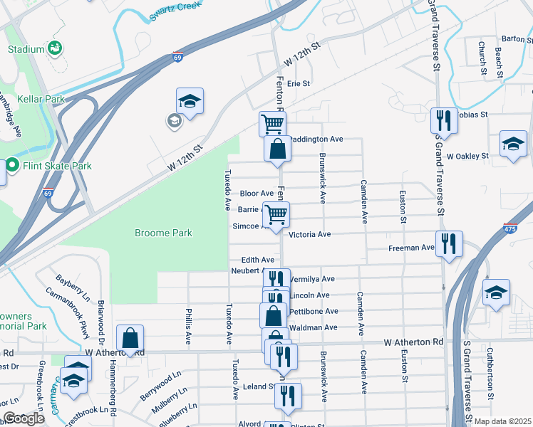 map of restaurants, bars, coffee shops, grocery stores, and more near 1019 Barrie Avenue in Flint