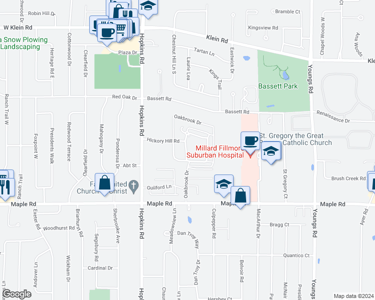 map of restaurants, bars, coffee shops, grocery stores, and more near 15 Hickory Hill Road in Buffalo