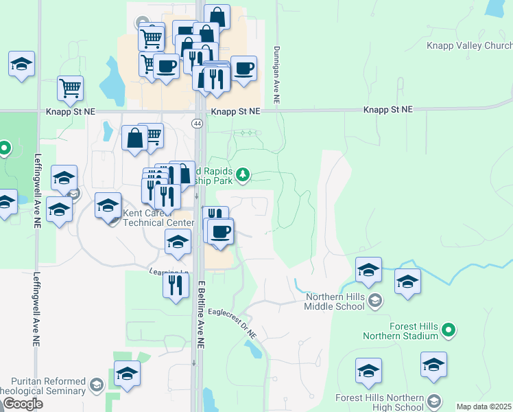 map of restaurants, bars, coffee shops, grocery stores, and more near 1790 Grand Court Northeast in Grand Rapids