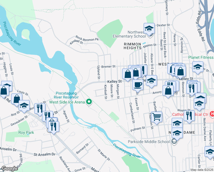map of restaurants, bars, coffee shops, grocery stores, and more near 93 Kimball Street in Manchester