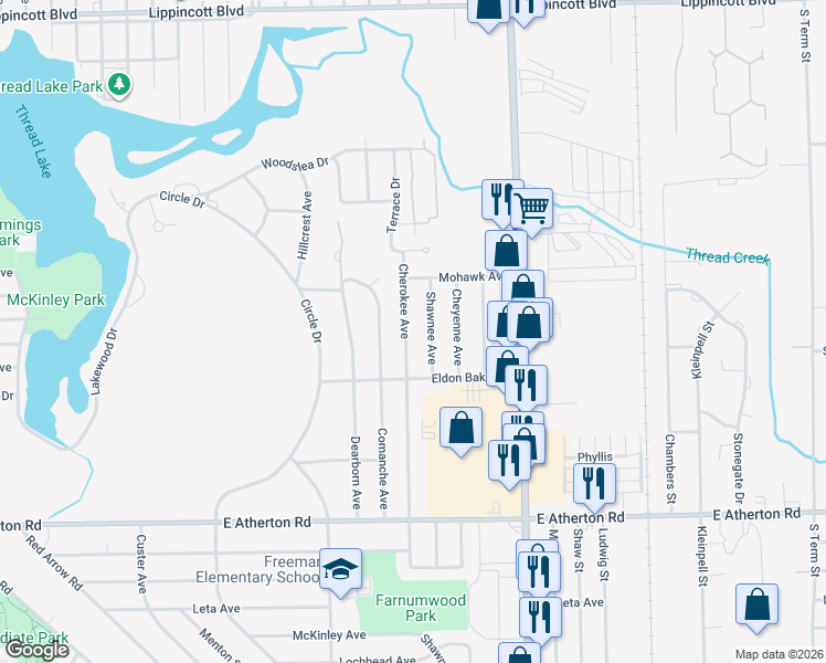 map of restaurants, bars, coffee shops, grocery stores, and more near 3101 Cherokee Avenue in Flint