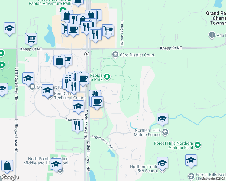 map of restaurants, bars, coffee shops, grocery stores, and more near 1779 Park Trail Northeast in Grand Rapids