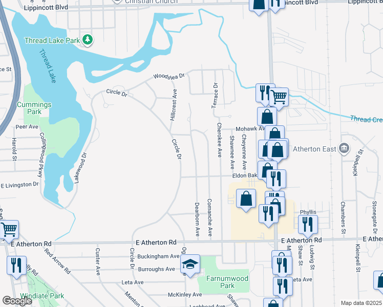 map of restaurants, bars, coffee shops, grocery stores, and more near 3026 Dearborn Avenue in Flint