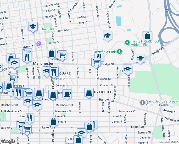 map of restaurants, bars, coffee shops, grocery stores, and more near 383 East High Street in Manchester