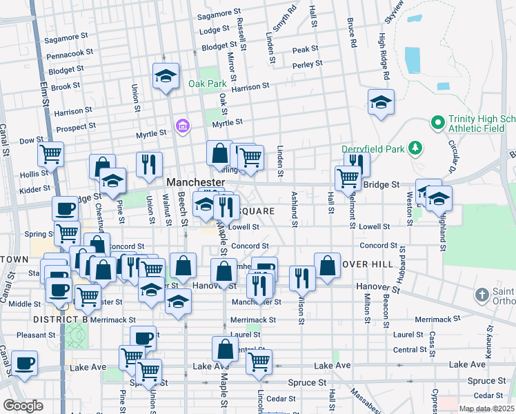 map of restaurants, bars, coffee shops, grocery stores, and more near 23 Jane Street in Manchester