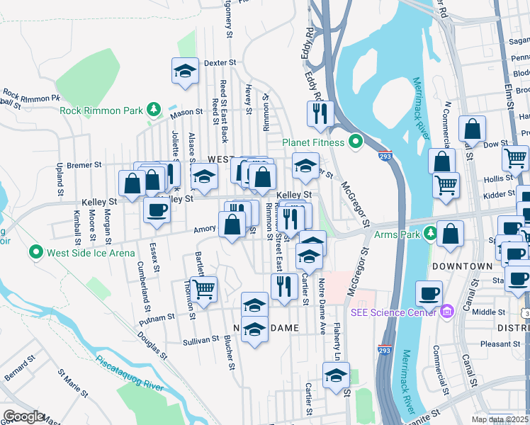 map of restaurants, bars, coffee shops, grocery stores, and more near 503 Hevey Street in Manchester