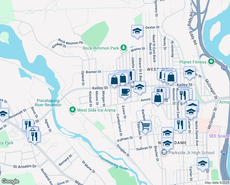 map of restaurants, bars, coffee shops, grocery stores, and more near 66 Boutwell Street in Manchester