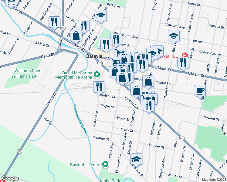 map of restaurants, bars, coffee shops, grocery stores, and more near 3 Dawson Place in Batavia