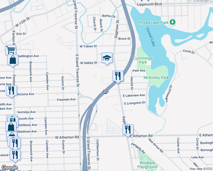 map of restaurants, bars, coffee shops, grocery stores, and more near 217 Belvidere Avenue in Flint