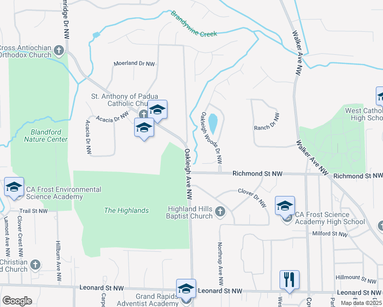 map of restaurants, bars, coffee shops, grocery stores, and more near 1701 Oakleigh Woods Drive Northwest in Grand Rapids