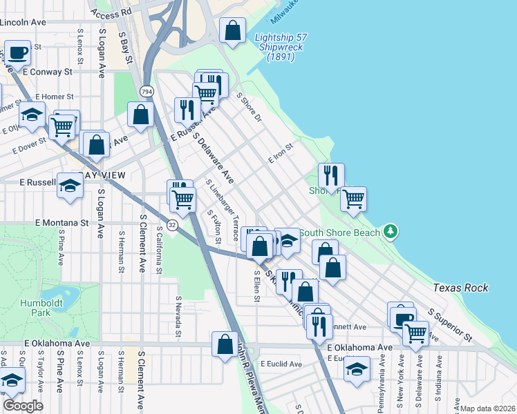 map of restaurants, bars, coffee shops, grocery stores, and more near 1823 East Nock Street in Milwaukee
