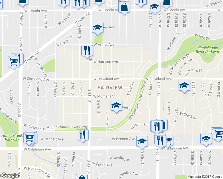 map of restaurants, bars, coffee shops, grocery stores, and more near 6529 West Fremont Place in Milwaukee
